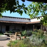 Patio interior de una casa con plantas, suelo de ladrillo y zonas de sombra