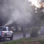 Trabajador con equipo de nebulización aplicando insecticida en la calle, con una nube de niebla sobre la vía pública