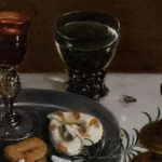 Bodegón de Clara Peeters (1607) con dulces, copas, joyas y una mosca pintada sobre el mantel