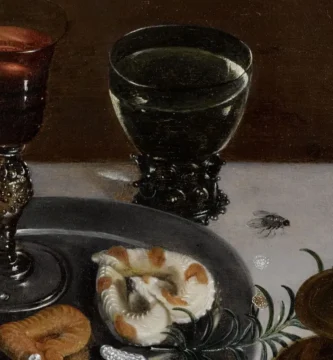 Bodegón de Clara Peeters (1607) con dulces, copas, joyas y una mosca pintada sobre el mantel