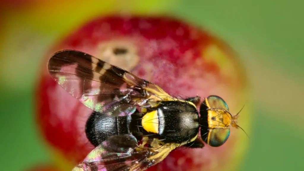 Mosca de la cereza: cómo reconocerla y controlarla 1 Mosca de la cereza (Rhagoletis cerasi) posada sobre una hoja, con las alas de bandas oscuras