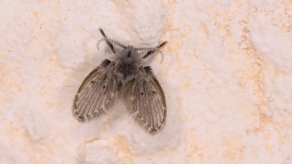 Mosca de la humedad (Clogmia albipunctata) posada, de aspecto peludo y alas en tejadillo