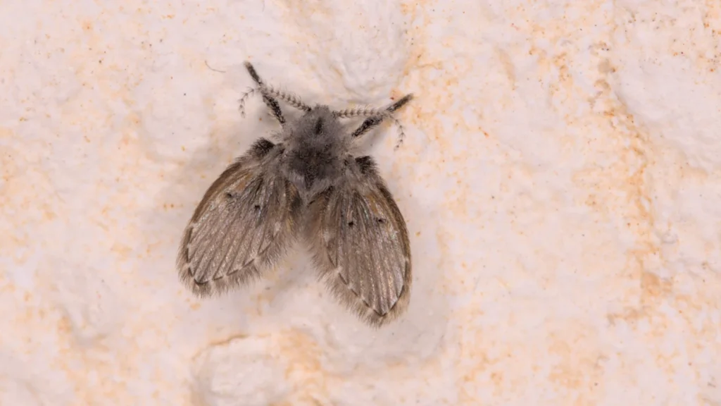 Moscas en el baño: de dónde salen y cómo quitarlas 1 Mosca del desagüe (Clogmia albipunctata) posada en una pared del baño, con el cuerpo y las alas cubiertos de pelo