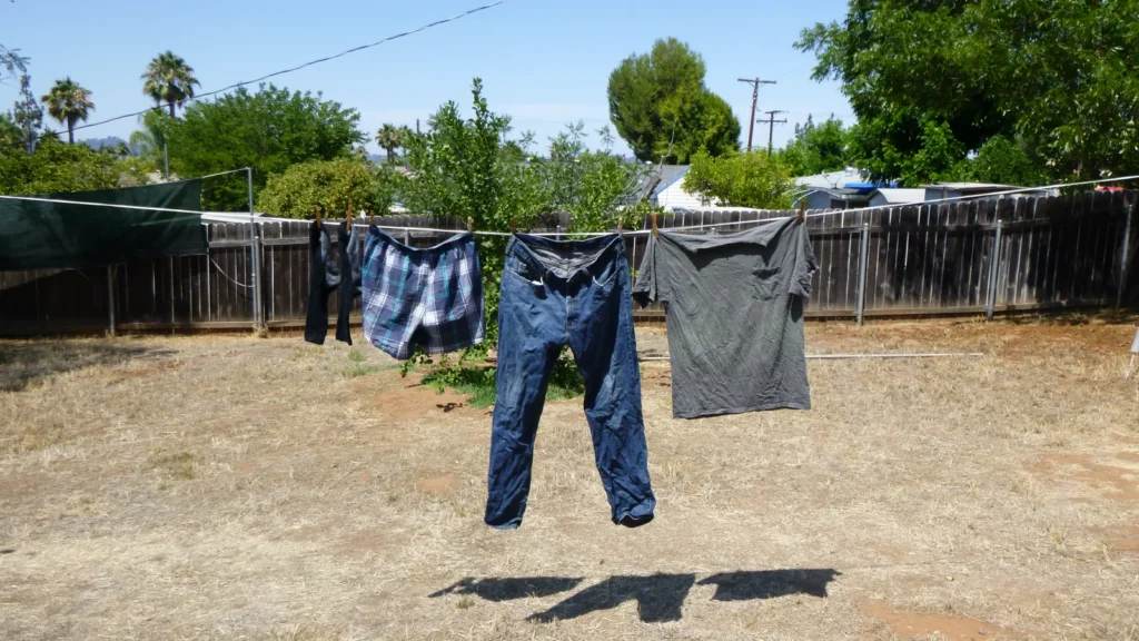 Moscas en la ropa: por qué se posan y cómo quitar manchas 1 Ropa tendida al sol en un tendedero exterior