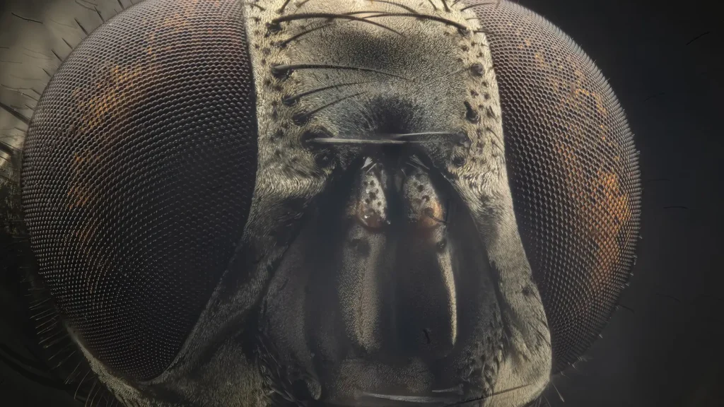 Cabeza y ojos de una mosca doméstica (Musca domestica) en primer plano