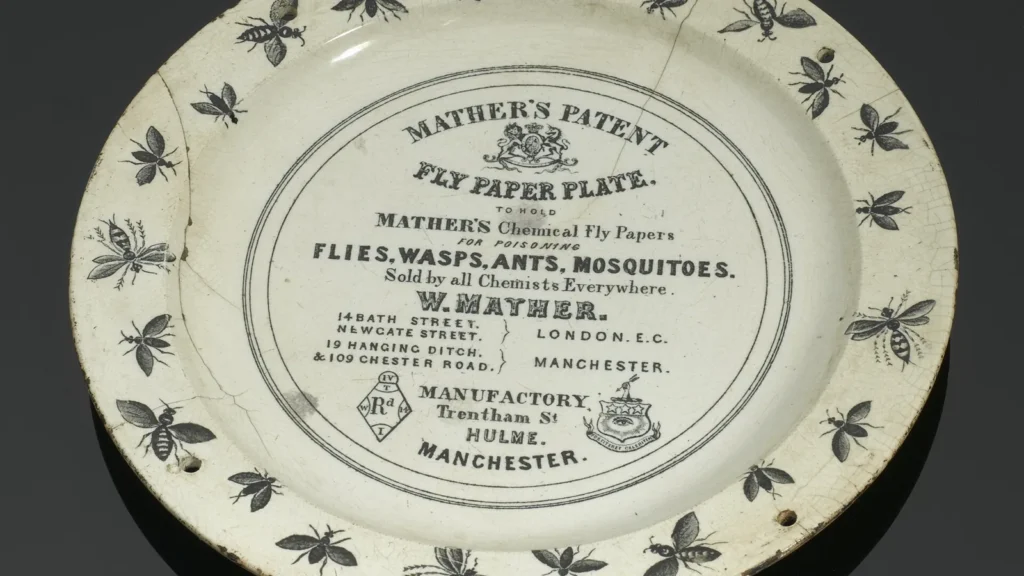 Plato inglés de papel matamoscas con moscas dibujadas en el borde, hacia 1867-1900