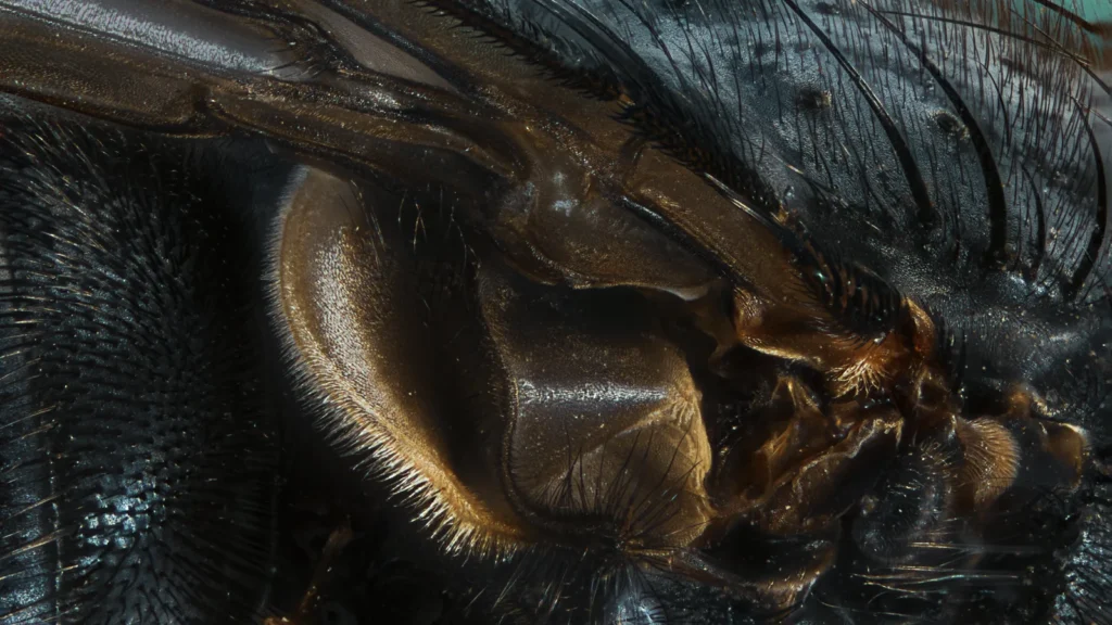 Partes de una mosca: anatomía explicada (y para niños) 1 Abdomen y halterios de una mosca doméstica (Musca domestica) vistos a 8 aumentos sobre fondo claro